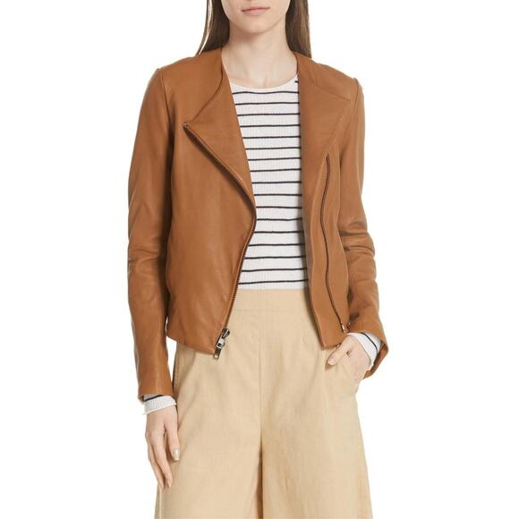 VINCE Zip Cross Front Walnut Leather Jacket - Picture 2 of 9